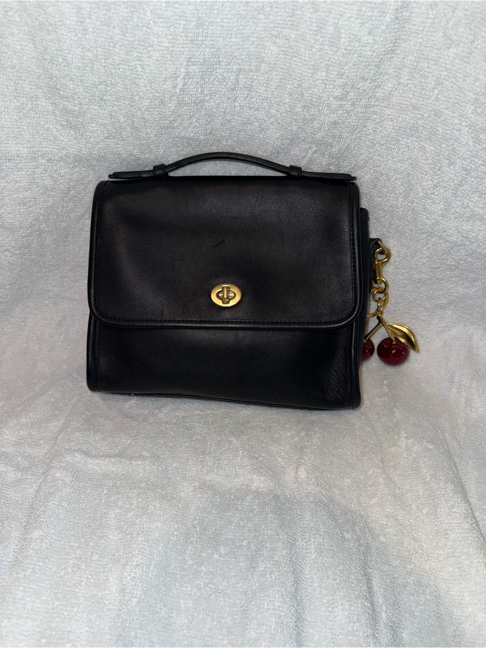 Vintage Coach Classic Black Leather Top-Handle Bag with Gold Turn-Lock